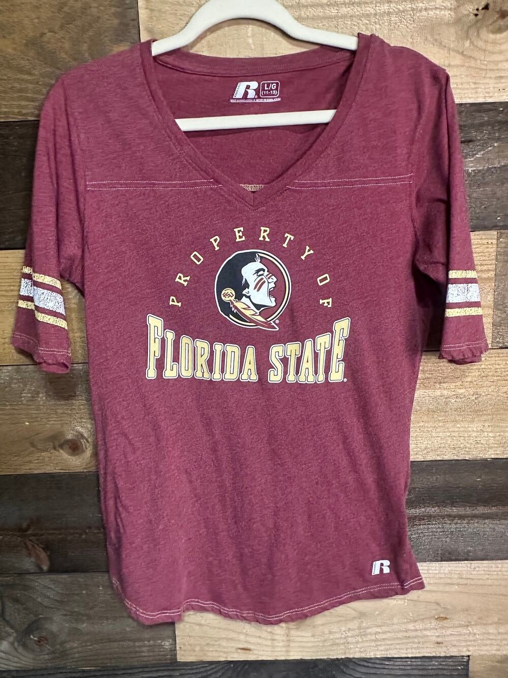RUSSELL Florida State University FSU V-Neck Shirt Juniors Size L 11-13